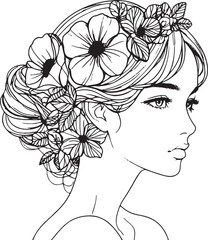 Soft black lines, white backdrop, boho style, modern linear minimalistic picture, young woman, flowers in hair