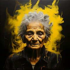 Obraz premium face-old-woman-smoke-tompus-on-black-canvas-in-acrylic-with-yellow-accents