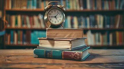 Books and alarm clock on wooden table, education concept