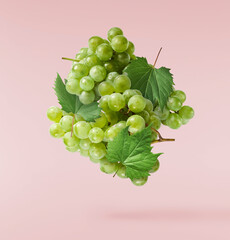 Fresh green grape falling in the air isolated on pink background. High resolution image.