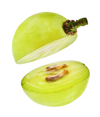 Fresh green grape falling in the air isolated on white background. High resolution image.