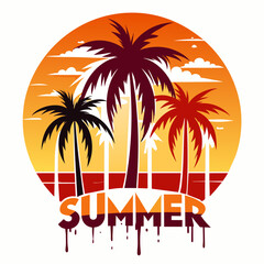 elegant style palm trees, vector, t-shirt design, summer, paint dripping sunset vector art illustration