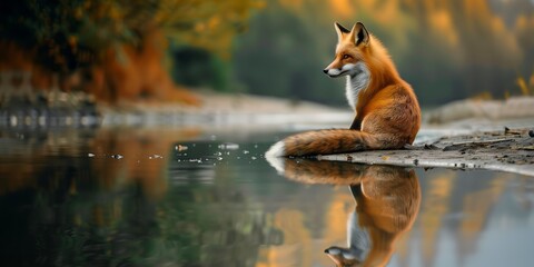 A red fox with smooth fur sitting on the edge of a body of water, gazing out at its surroundings.