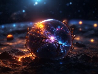 "Eternal Glow: A Hyper-Realistic, Cinematic Exploration of the Solar System with a Dark, Glowing Sphere and Fiery Insects in 8K Ultra HD"