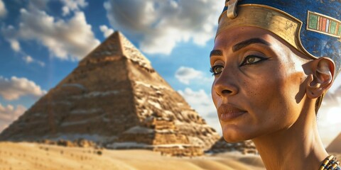 An Egyptian queen stands in front of a pyramid