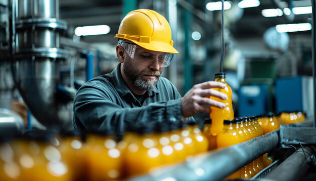 Man food technologist doing quality control of orange juice in bottling factory.
