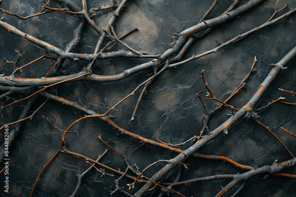 Poster top view of scattered dry branches on a dark, rough surface, creating a natural abstract pattern