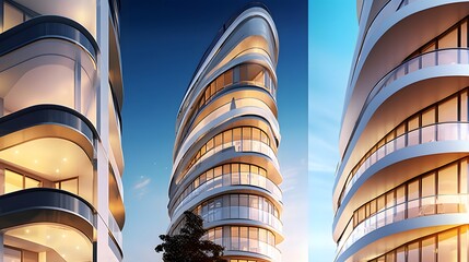 Modern apartment buildings on a sunny day with a blue sky. Facade of a modern apartment building