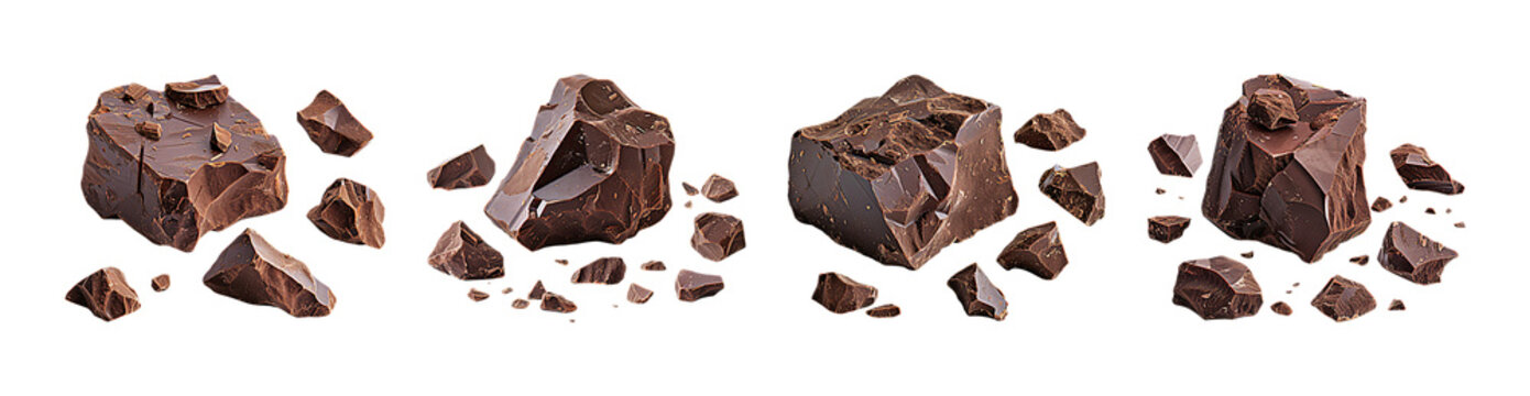 Chocolate chunks broken into various sizes, arranged in four separate piles, showcasing their rough edges and rich dark color.