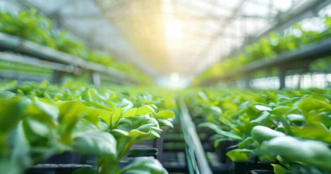 High-tech greenhouse with systems optimizing plant growth, symbolizing advanced agriculture techniques for reducing carbon emissions. Carbon footprint reduction technology