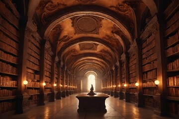 Obraz premium Timeless Tales Enclosed in Wood: A Historic Library Illuminated by Warm Lantern Light