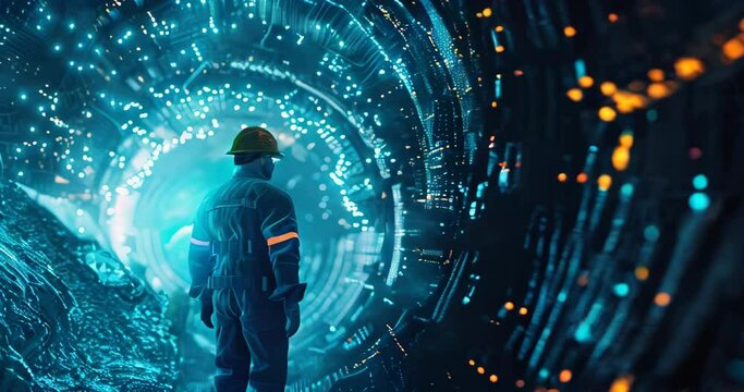 Miner icon surrounded by data flows, illustrating the process of extracting valuable digital information. Data mining visualization