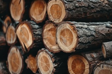 Fototapeta premium Close-up of a stack of fresh-cut timber showcasing annual growth rings