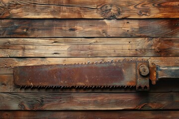 Old, rusty handsaw rests on a richly textured wooden plank surface