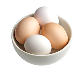 Eggs nestled in a white bowl, two brown and two white, showcasing their smooth oval shapes and contrasting colors.