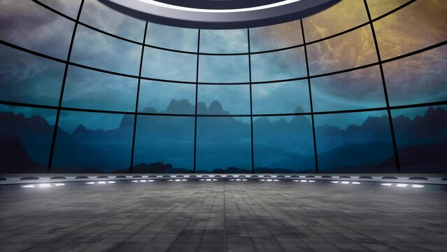 Futuristic space, virtual studio background. Ideal for scientific online shows or live events. Industrial, scifi 3D rendering backdrop video loop, suitable on VR system stage sets, with green screen
