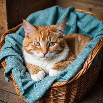 Eine rothaarige Katze entspannt sich in einem Weidenkorb mit t&uuml;rkisfarbenem Tuch.
