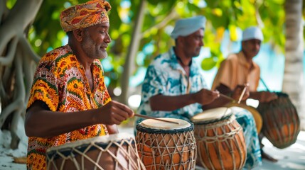 Three men in colorful attire play traditional drums outdoors surrounded by lush green trees.