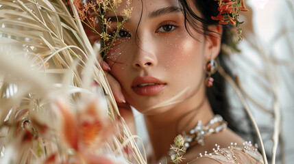 jeune femme avec fleurs et plantes