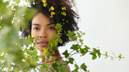 Jeune femme avec jeux de feuillages et plantes, 