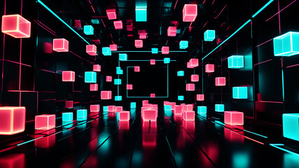A futuristic abstract background with glowing neon boxes floating in a dark space, with reflections and light trails adding to the sense of motion