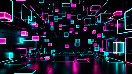 A futuristic abstract background with glowing neon boxes floating in a dark space, with reflections and light trails adding to the sense of motion