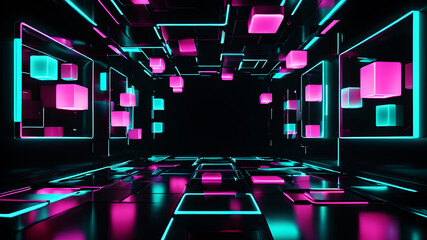A futuristic abstract background with glowing neon boxes floating in a dark space, with reflections and light trails adding to the sense of motion