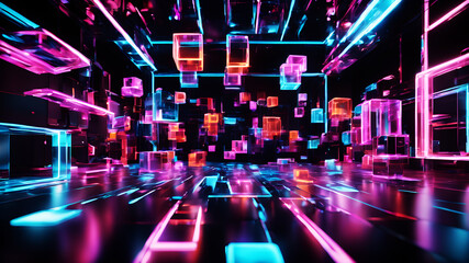 A futuristic abstract background with glowing neon boxes floating in a dark space, with reflections and light trails adding to the sense of motion