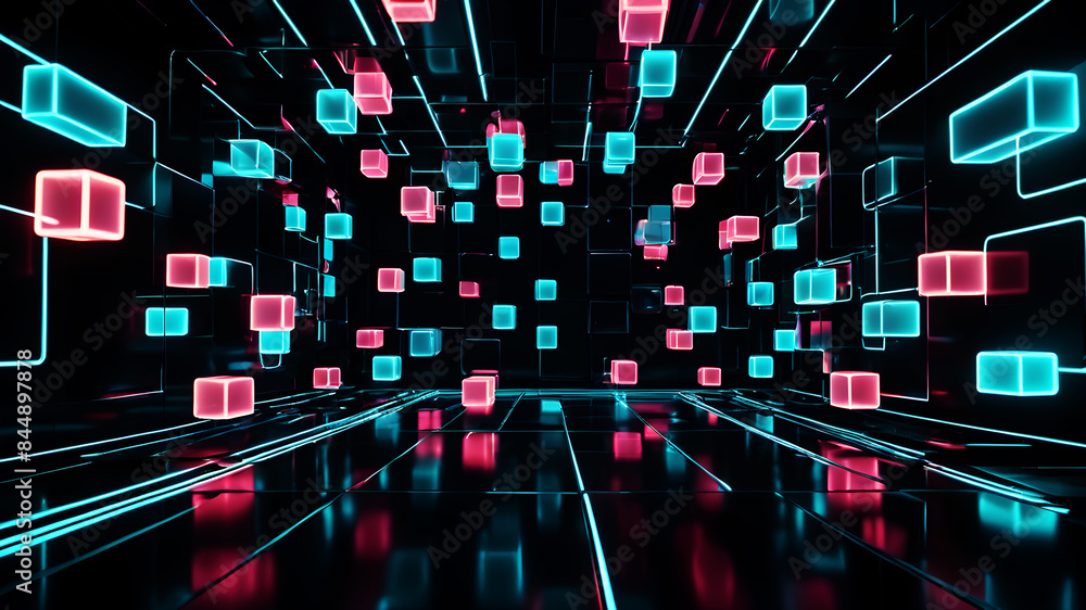 Poster a futuristic abstract background with glowing neon boxes floating in a dark space, with reflections 