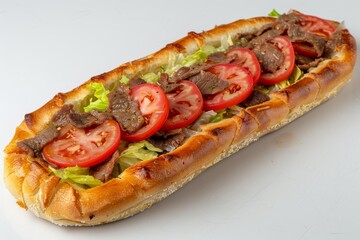 Gourmet sub sandwich with grilled beef, tomatoes, and herbs, perfect for high resolution food photography and showcasing a savory meal
