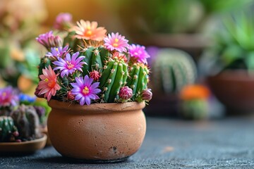 Little colorful cactus plant in a small pot