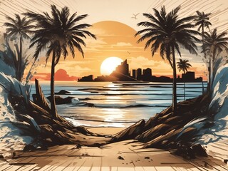 "Runic Dusk: A Realistic, Hand-Drawn Beach Sunset with Palm Trees and Arcane Symbols in a Gritty Sketchbook Style, 4K Ultra HD"