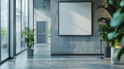 White plexiglass blank sign in hall with large windows of business center or institution on blurry background, an empty frame for text.