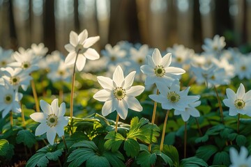 Beautiful white flowers of anemones in spring in a forest close-up in sunlight in nature. Spring forest landscape with flowering primroses