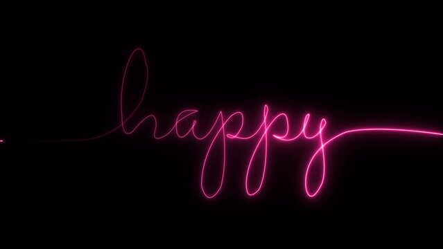 Neon happy text. Animated continuous single line drawing. Happy. Line art. Greeting cards, holidays, banners, etc. Video with the word Happy in it. happy text animation simple. Isolated on black.
