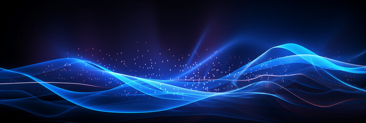 Abstract blue glowing lines on a black background, depicting a futuristic technology and digital data concept design element for a banner or poster as a vector illustration