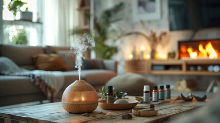 Wood Grain Essential Oil Diffuser with Aromatherapy Bottles on Wooden Table in Cozy Living Room with Fireplace and Relaxing Warm Lighting