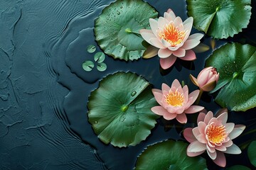 Beautiful pink Lotus flower with green leaves in nature for background, top view. Leydecker water lily top view close up