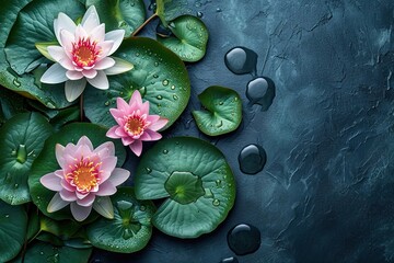 The Perfect Top view of Beautiful Pink Lotus in pond with black background