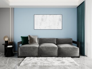 Mock up of a comfortable living room with a stylish wide sofa and an original decorative background, 3D rendering.