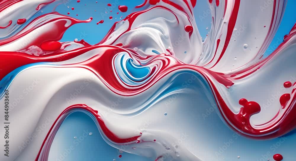 Aufkleber mix of red white blue color paints with blended drops on fluid while forming abstract patterns again