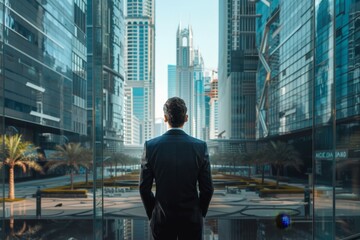 Fototapeta premium Businessman in suit with modern glass office buildings in background, professional attire