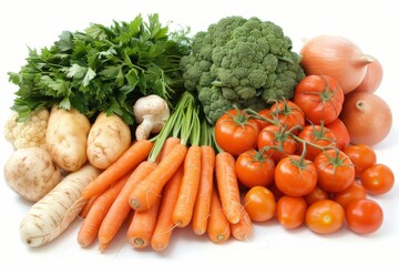 Assorted fresh vegetables including carrots, broccoli, and tomatoes, perfect for high resolution food photography and capturing vibrant, healthy produce