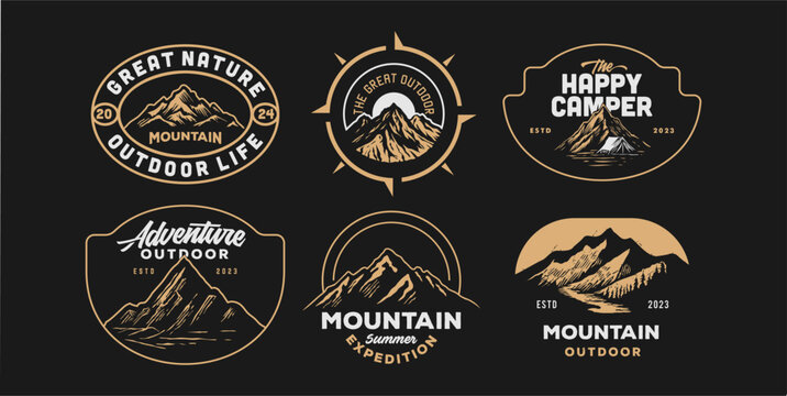mountain adventure hipster logos. Set of Vintage Outdoor mountains Summer Camp badges or Patches. vector emblem designs. Great for shirts, stamps, stickers logos and labels.