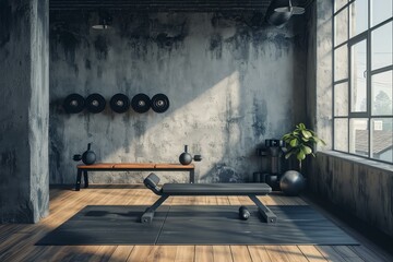 Spacious home gym with exercise equipment in a stylish loft setting, bathing in daylight