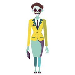Mexican Day Dead businesswoman character standing alone, skeleton face paint, formal attire briefcase. Professional woman dressed Dia de Muertos calavera makeup, business suit, elegant. Female