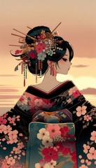 日本画（Japanese painting）／美人画　美女　着物　anime　イラスト 桜