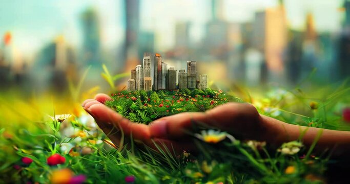 Urban greening depicted by a hand holding a blooming city, representing eco-friendly city planning Carbon footprint reduction