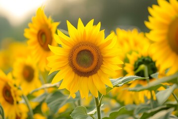 Obraz premium Vibrant sunflower blooms under the warm glow of the setting sun