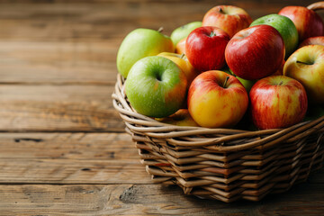 A basket filled with assorted red, green, and yellow apples, placed on a rustic wooden table.. AI generated.